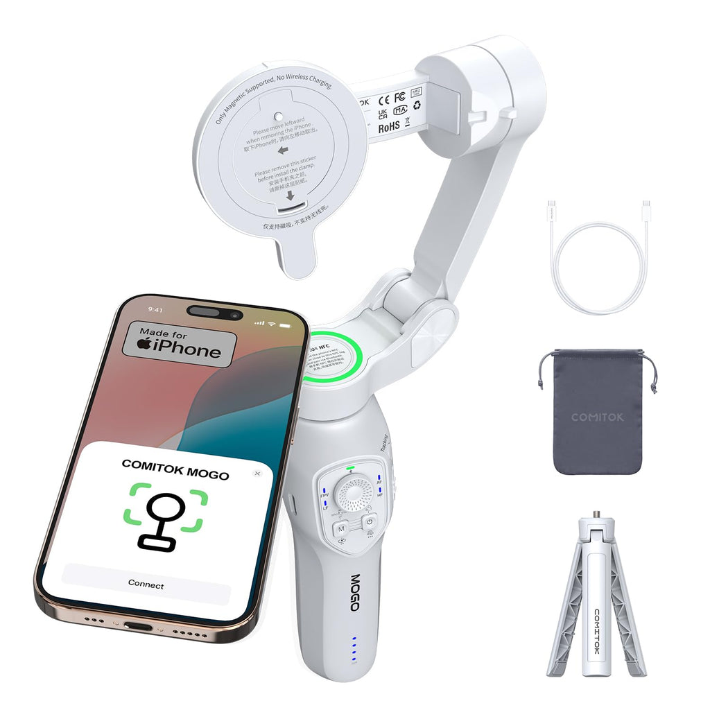 Only for iPhone, MOGO [Apple MFi Certified] Gimbal Stabilizer with Phone Clamp & RGB Light, Video Gimbal Stabilizer Allows Select Tracking Subject, Gaze-Tracking for iPhone 16 15 Pro Max