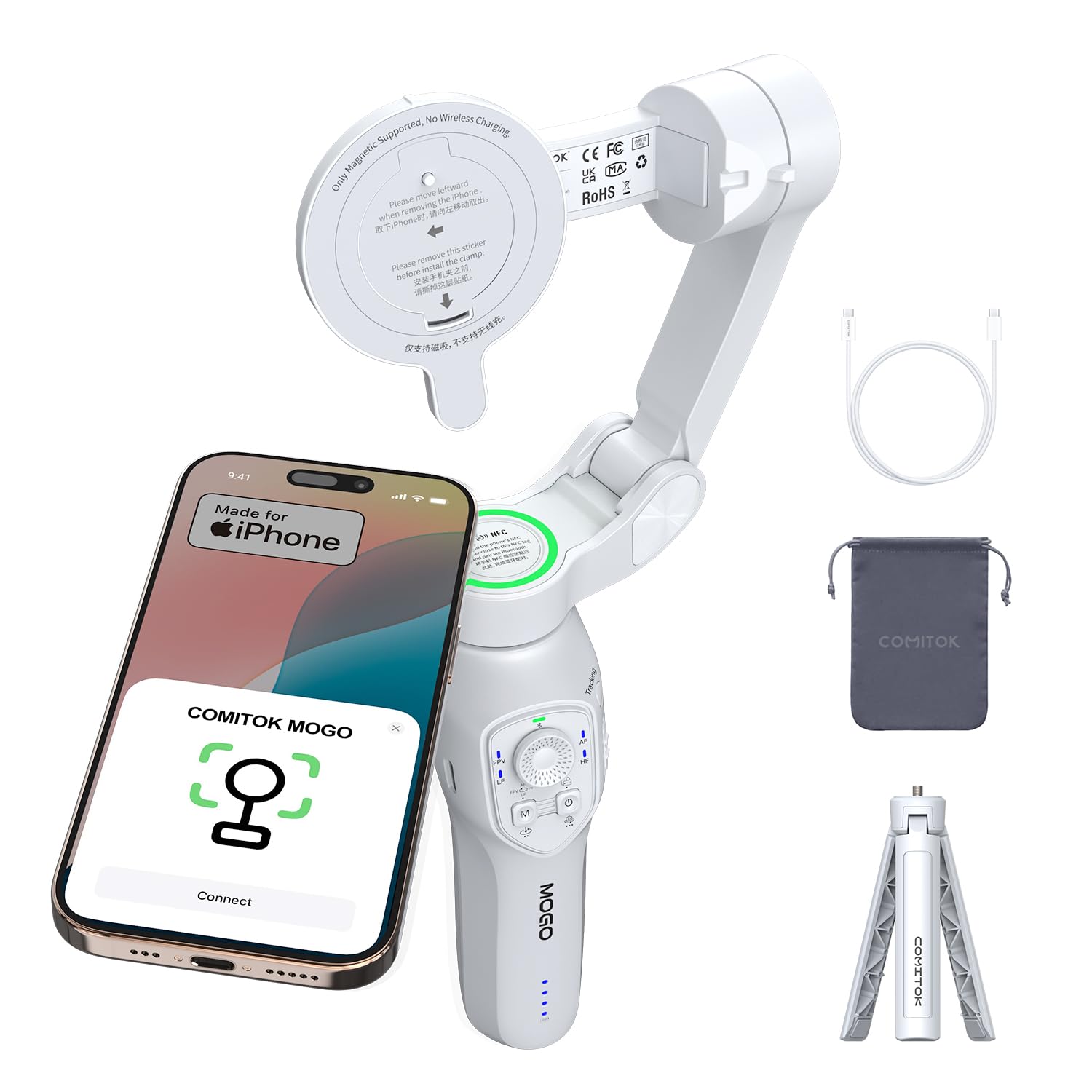 Only for iPhone, MOGO [Apple MFi Certified] Gimbal Stabilizer with Phone Clamp & RGB Light, Video Gimbal Stabilizer Allows Select Tracking Subject, Gaze-Tracking for iPhone 16 15 Pro Max