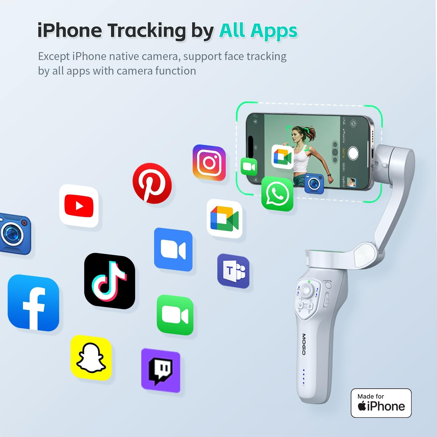 Only for iPhone, MOGO [Apple MFi Certified] Gimbal Stabilizer with Phone Clamp & RGB Light, Video Gimbal Stabilizer Allows Select Tracking Subject, Gaze-Tracking for iPhone 16 15 Pro Max