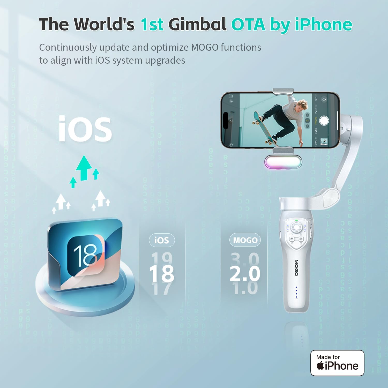 Only for iPhone, MOGO [Apple MFi Certified] Gimbal Stabilizer with Phone Clamp & RGB Light, Video Gimbal Stabilizer Allows Select Tracking Subject, Gaze-Tracking for iPhone 16 15 Pro Max