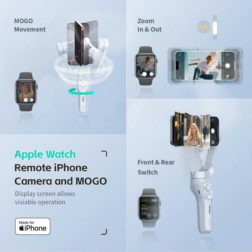 Only for iPhone, MOGO [Apple MFi Certified] Gimbal Stabilizer with Phone Clamp & RGB Light, Video Gimbal Stabilizer Allows Select Tracking Subject, Gaze-Tracking for iPhone 16 15 Pro Max