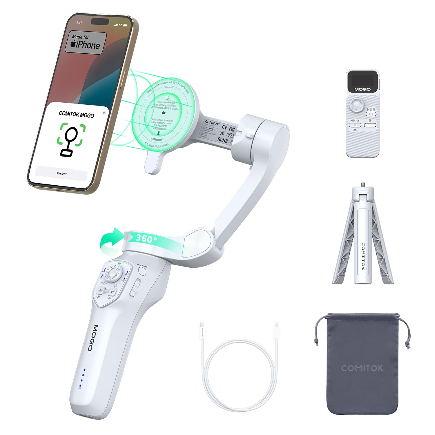 Only for iPhone, MOGO [Apple MFi Certified] Gimbal Stabilizer with Phone Clamp & RGB Light, Video Gimbal Stabilizer Allows Select Tracking Subject, Gaze-Tracking for iPhone 16 15 Pro Max