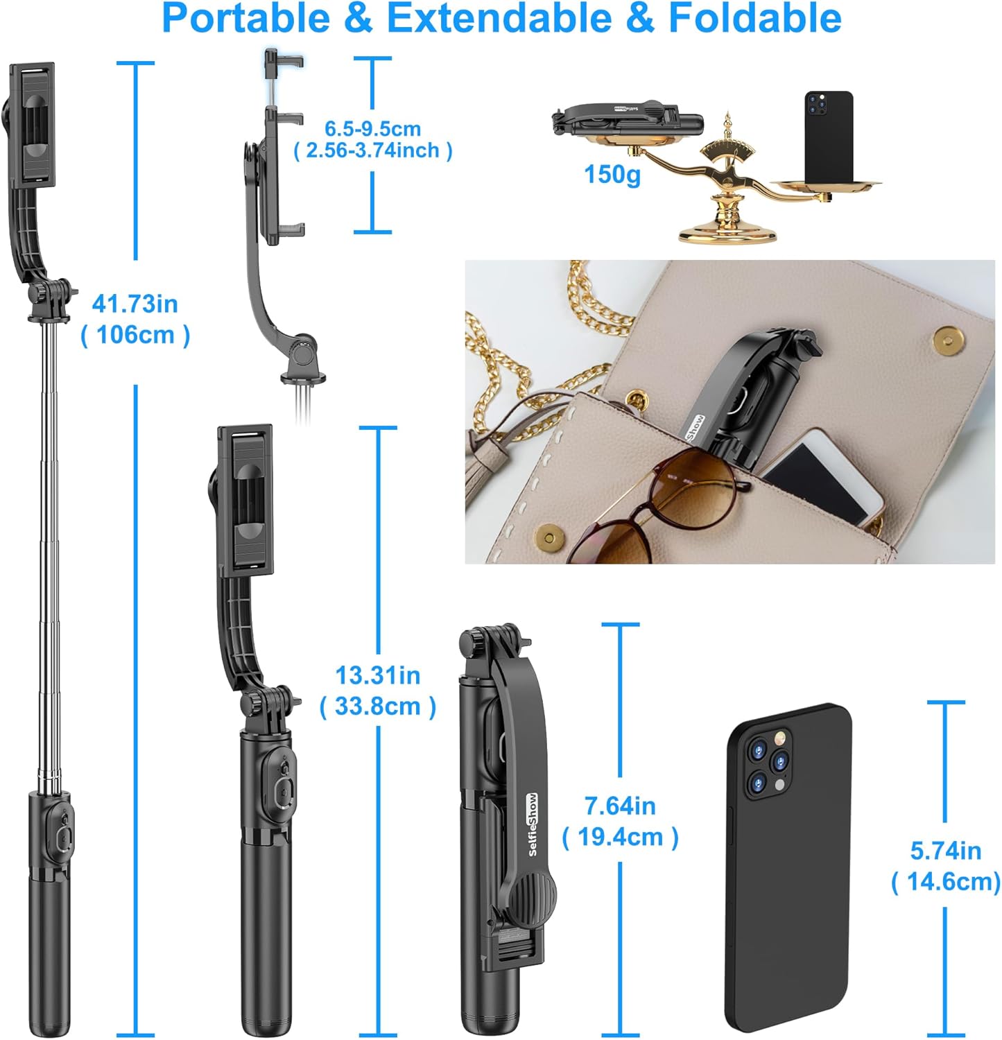 SelfieShow Selfie Stick, Extendable Selfie Stick Tripod with Wireless Remote and Tripod Stand, Portable, Lightweight, Compatible with iPhone 15 14 13 12 Pro Xs Max X 8Plus, Samsung Smartphone and More