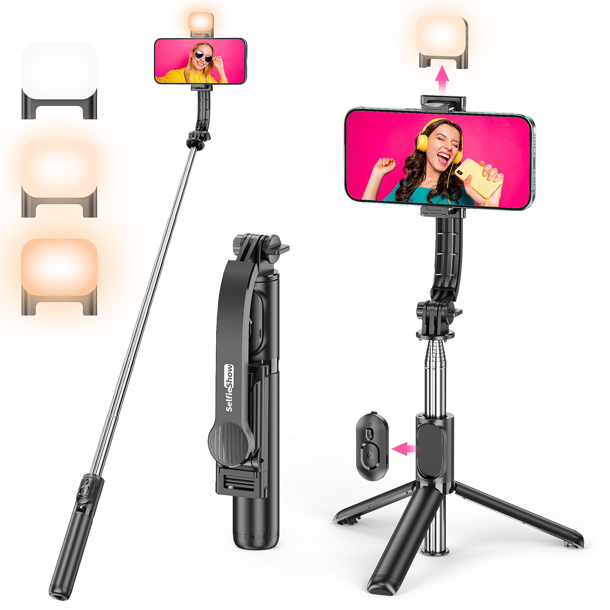SelfieShow Selfie Stick, Extendable Selfie Stick Tripod with Wireless Remote and Tripod Stand, Portable, Lightweight, Compatible with iPhone 15 14 13 12 Pro Xs Max X 8Plus, Samsung Smartphone and More