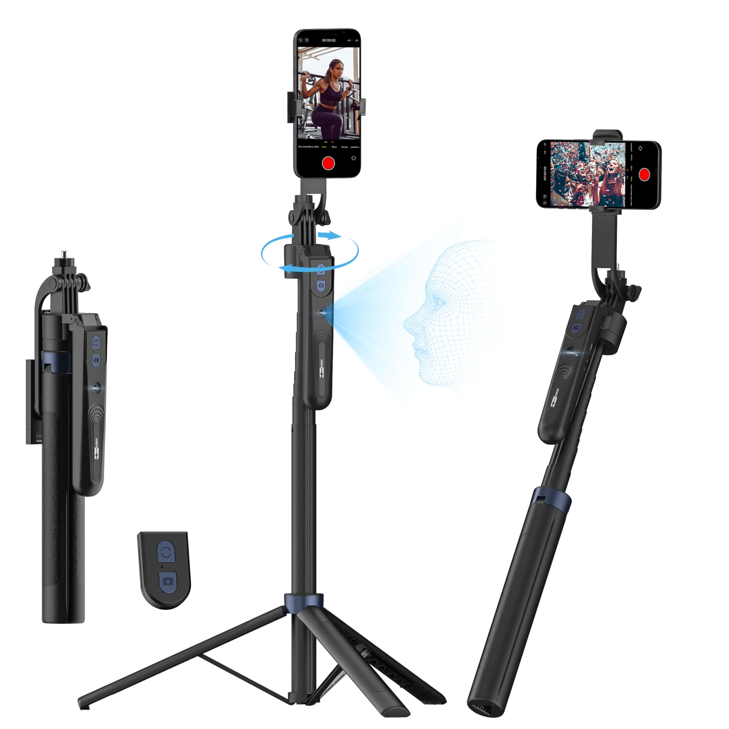 Auto Face Tracking Tripod 360 Rotation,Phone Tripod for iPhone w/Fill Light,Selfie Stick for iPhone w/Remote Control,70” Phone Holder Video Recording for Content Creators TikTok(UTK-02)