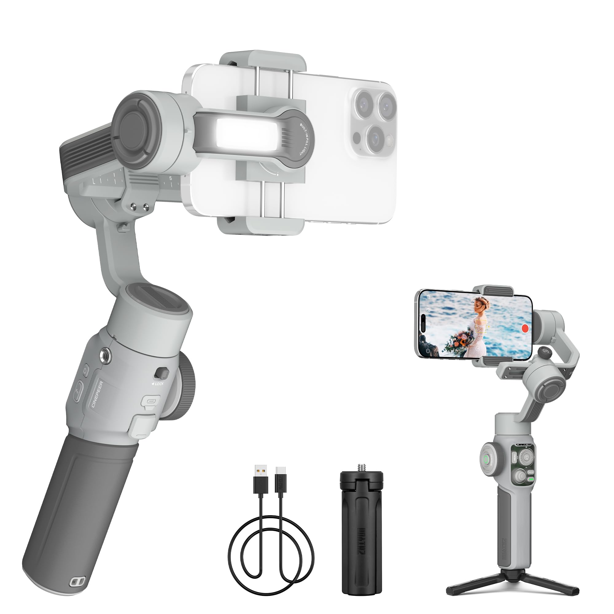 ZHIYUN CINEPEER Smooth 5E Combo Gimbal Stabilizer for iPhone, Android, Built-in Fill Light, Tripod, 3-Axis 300g Payload Phone Gimbal, Gesture Control, Vlogging Stabilizer for YouTube, TikTok