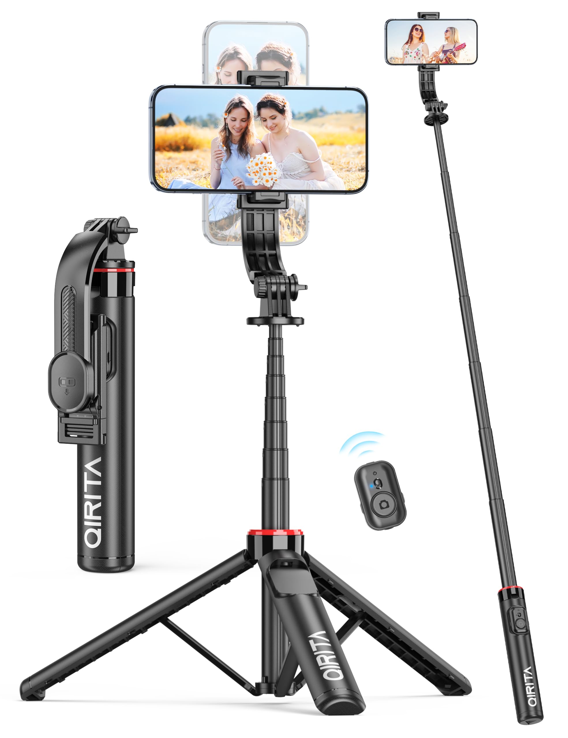 Selfie Stick & Phone Tripod, All in 1 Selfie Stick with Remote, Phone Travel Tripod Stand for Video Recording, Live Streaming, Photograph, Group Photo, Vlog Compatible with All Cellphones